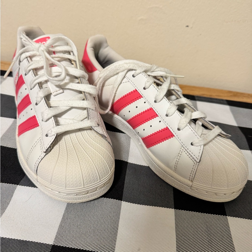 Adidas Superstar White Sneakers with Pink Stripes Kids Size 4